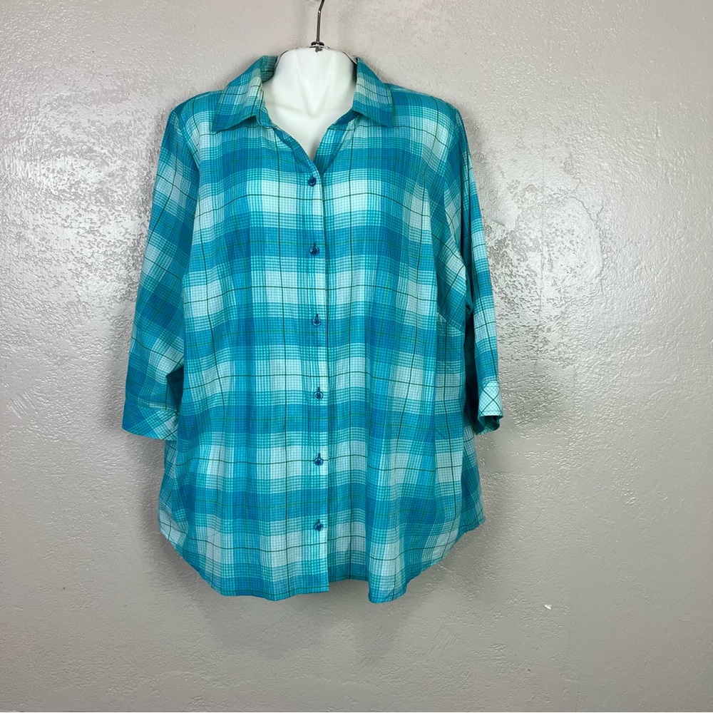 Christopher & Banks Shirt Top Women's XXL Blue Green Plaid 3/4 Sleeves 5 for $30 - Picture 6 of 15